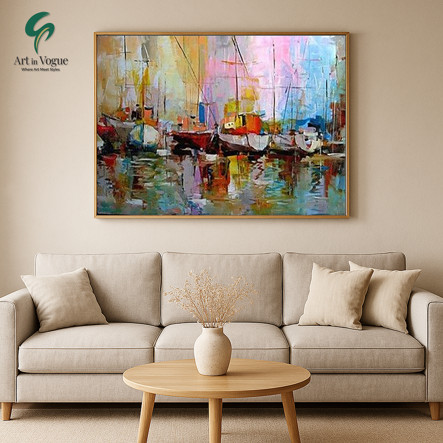 Colorful Abstract Boats Painting – Vibrant Seascape Wall Art for Modern Interiors