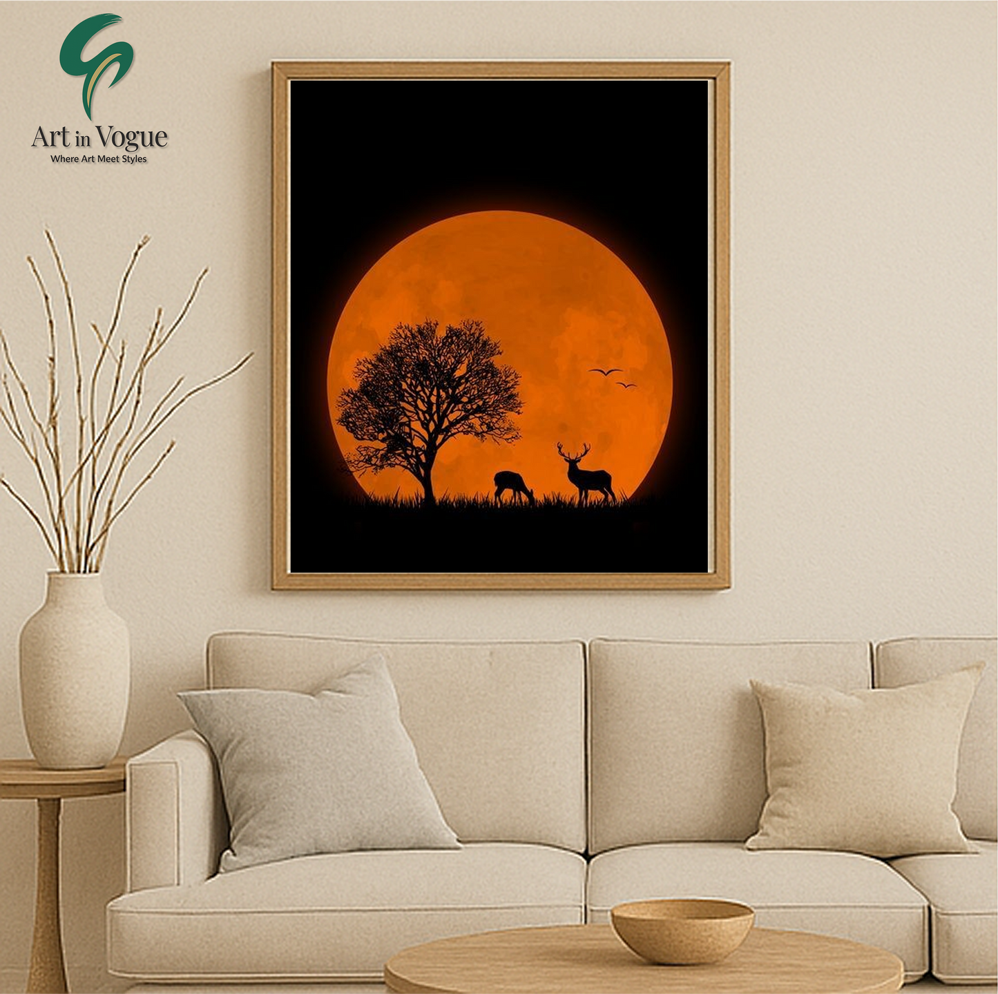 Crimson Moonlit Wildlife – Deer Silhouette Art Under Blood Moon for Nature-Inspired Wall Decor