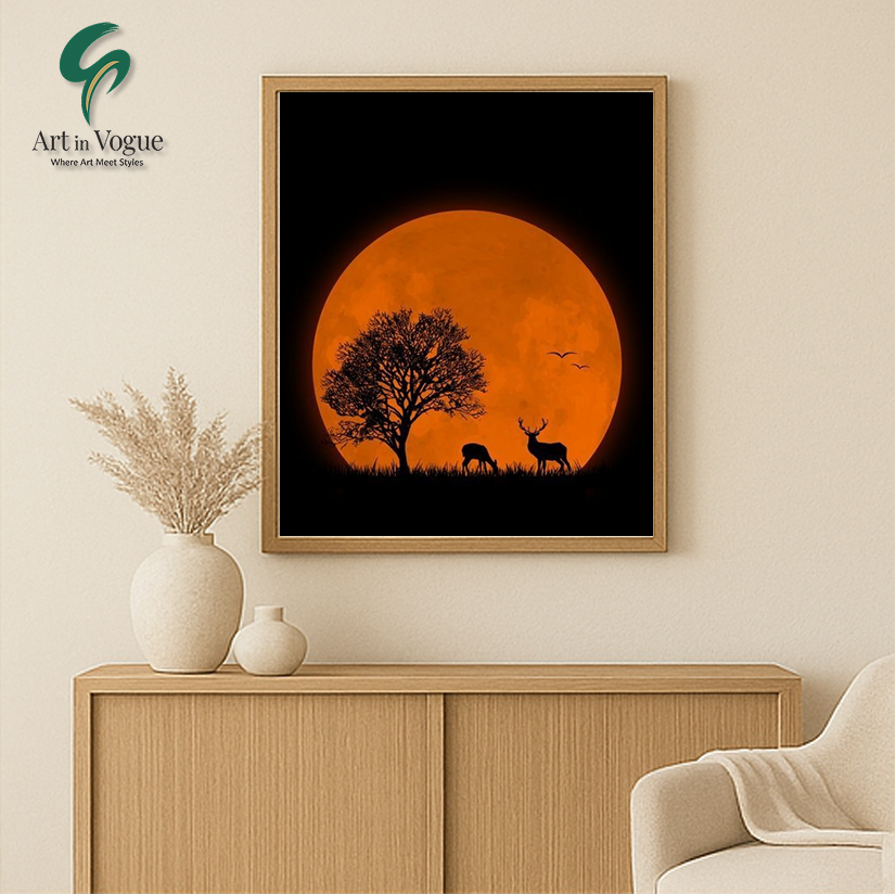 Crimson Moonlit Wildlife – Deer Silhouette Art Under Blood Moon for Nature-Inspired Wall Decor