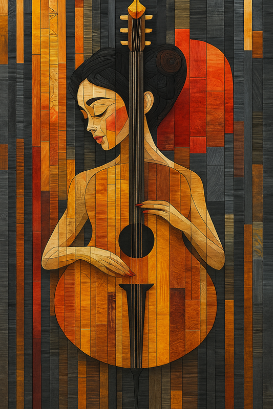 Elegant Woman with Guitar - Abstract Wooden Mosaic Wall Art for Modern Interiors