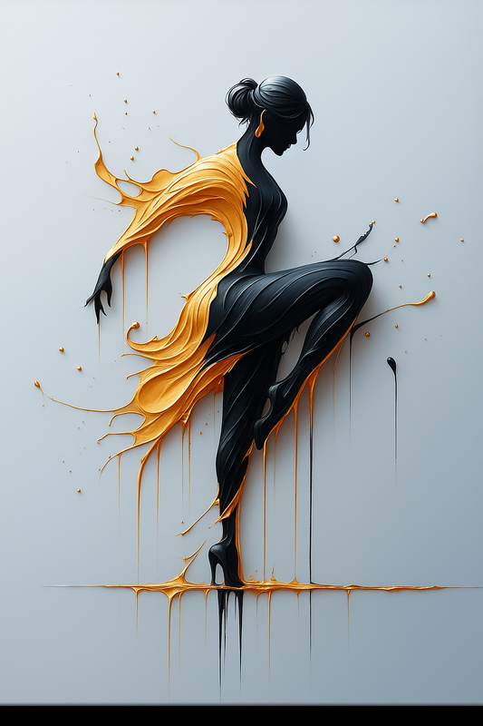 Elegant Dancing Woman in Black and Gold - Modern Abstract Wall Art for Contemporary Interiors