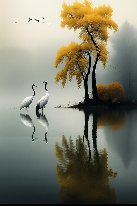 Elegant Cranes by the Water with Golden Tree - Tranquil Scenic & Bird Wall Art for Home Decor