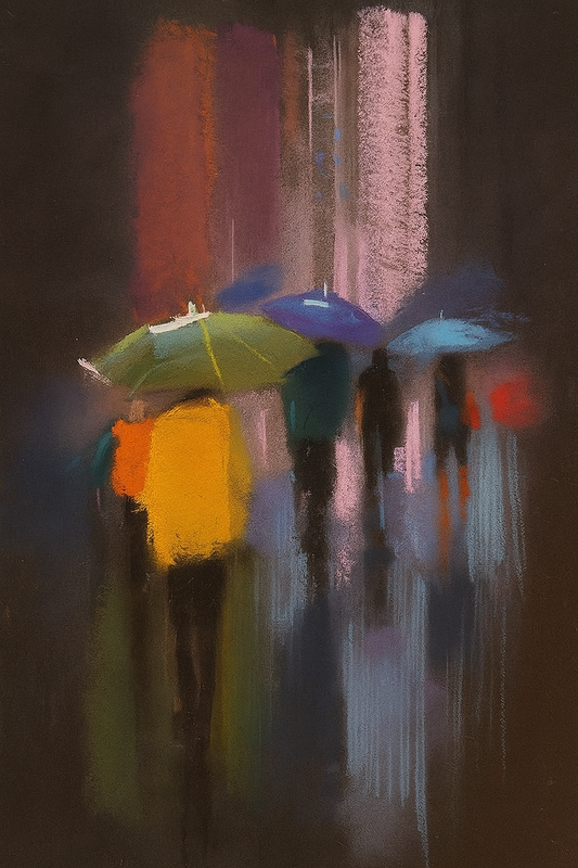 Rainy Evening Street Scene with Colorful Umbrellas - Abstract Wall Art for Modern Interiors