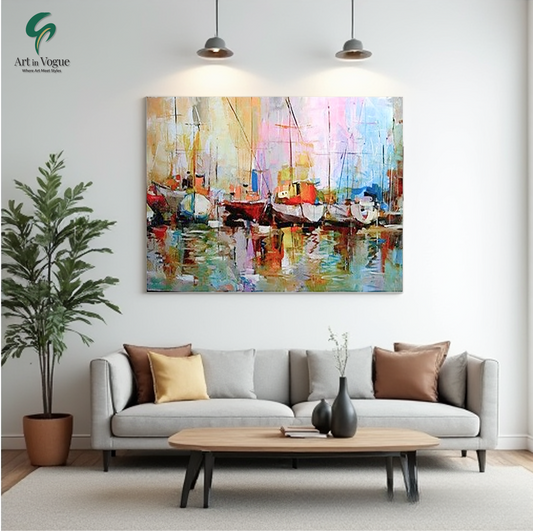 Colorful Abstract Boats Painting – Vibrant Seascape Wall Art for Modern Interiors
