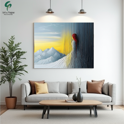 Abstract Woman with Mountains and Sunrise Wall Art | Modern Scenic Painting for Home & Office Decor
