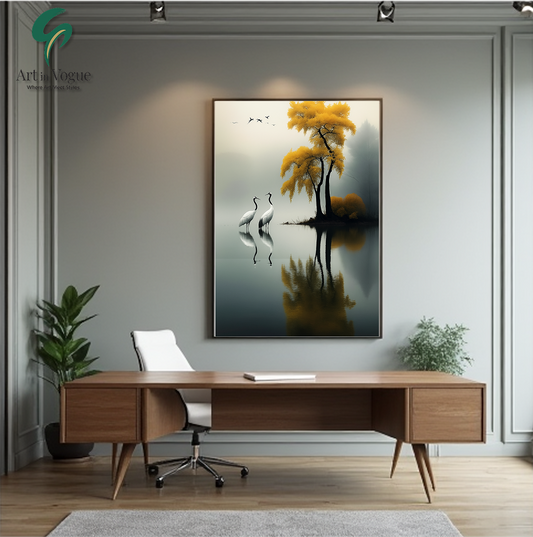 Elegant Cranes by the Water with Golden Tree - Tranquil Scenic & Bird Wall Art for Home Decor
