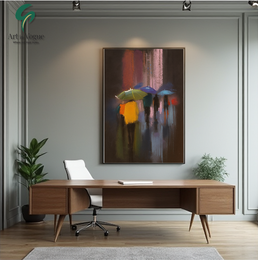 Rainy Evening Street Scene with Colorful Umbrellas - Abstract Wall Art for Modern Interiors