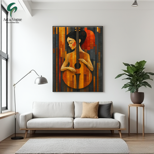 Elegant Woman with Guitar - Abstract Wooden Mosaic Wall Art for Modern Interiors
