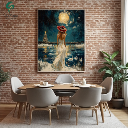 Romantic Woman Under Moonlight Scenic Wall Art  Elegant Night Landscape Painting for Home & Office Decor