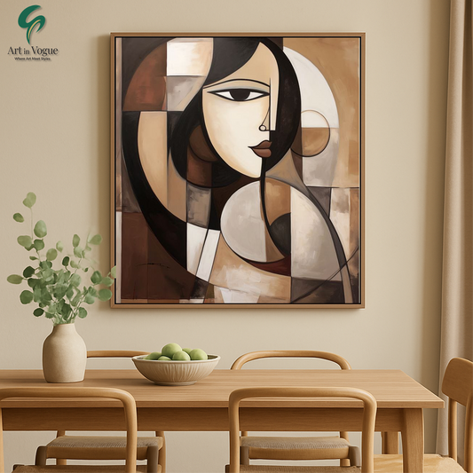 Cubist Woman Face Abstract Wall Art | Modern Geometric Portrait Painting for Home & Office Decor