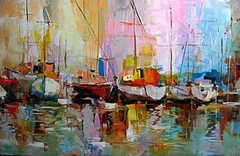 Colorful Abstract Boats Painting – Vibrant Seascape Wall Art for Modern Interiors