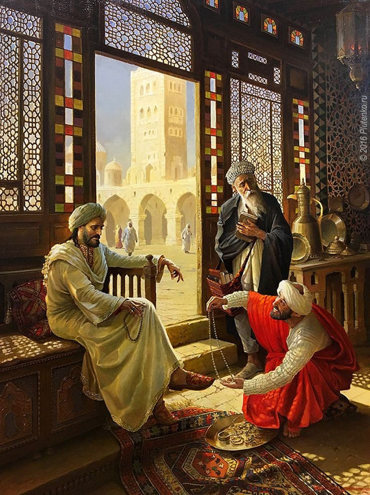 The Wealthy Merchant and the Jeweler in the Sunlit Bazaar