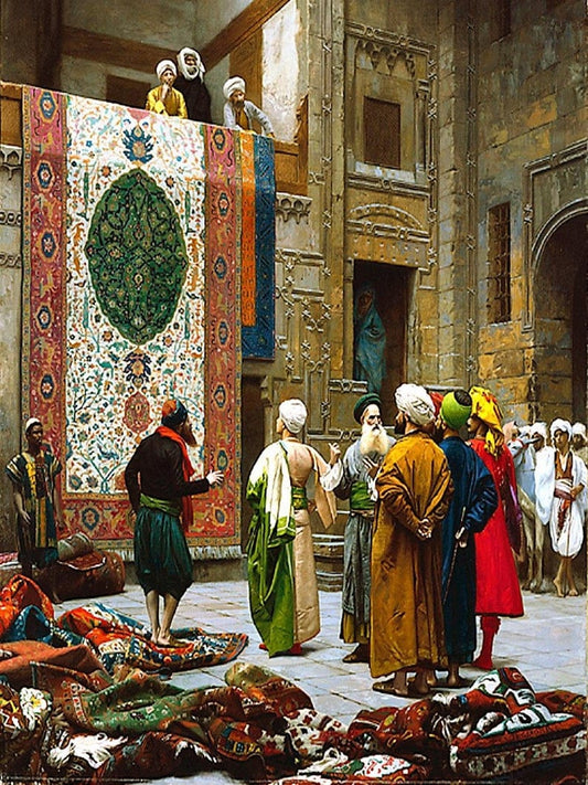 Oriental Carpet Market Scene – Historical Art Depicting Middle Eastern Trade Culture