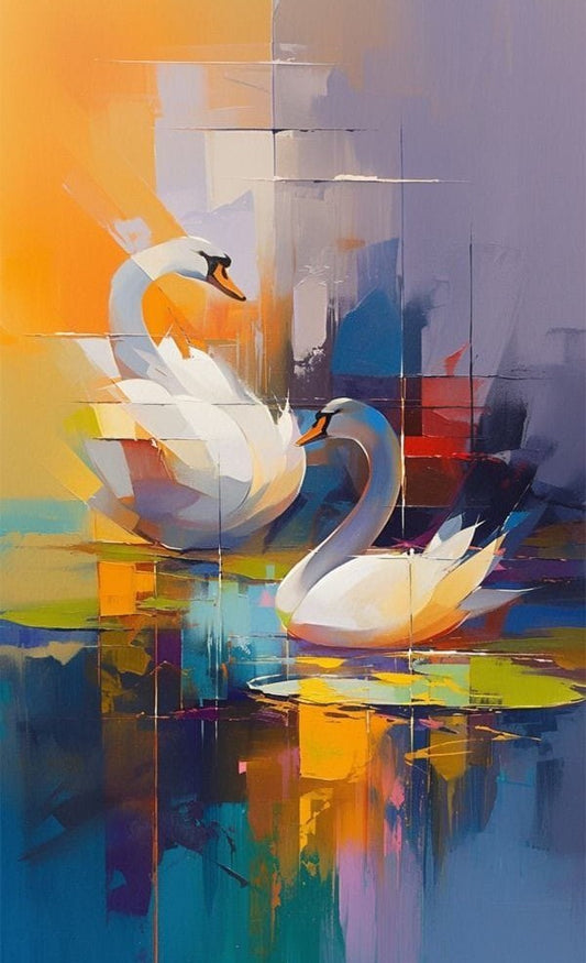 Elegant Swan Pair on Abstract Lake – Modern Bird Art for Sophisticated Interiors
