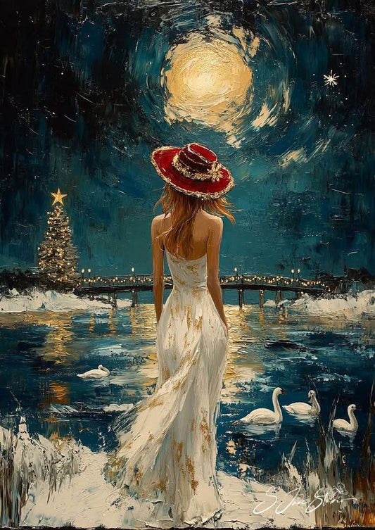 Romantic Woman Under Moonlight Scenic Wall Art  Elegant Night Landscape Painting for Home & Office Decor