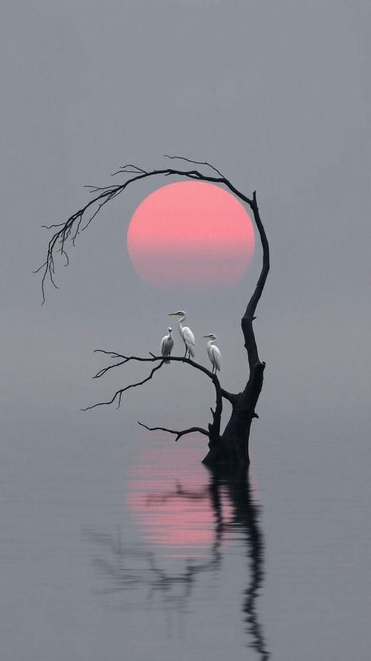 Elegant Birds on Bare Tree at Sunset - Minimalist Bird & Nature Wall Art - Serene Scenic Landscape Painting