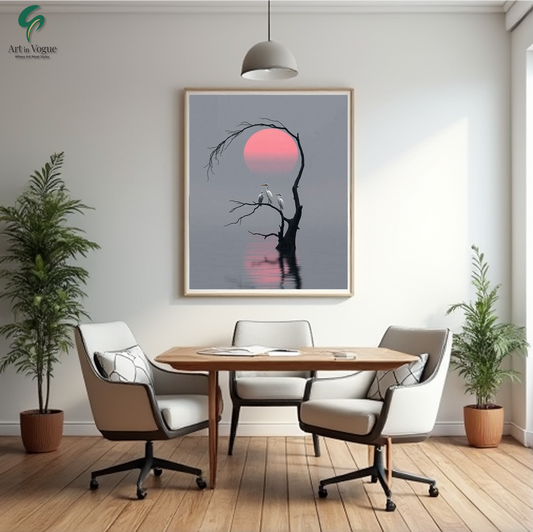 Elegant Birds on Bare Tree at Sunset - Minimalist Bird & Nature Wall Art - Serene Scenic Landscape Painting