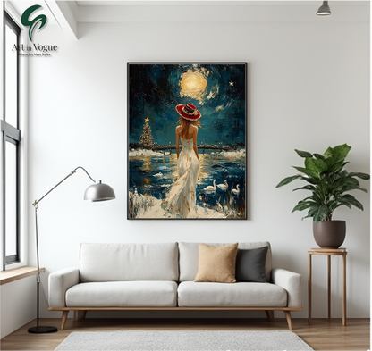 Romantic Woman Under Moonlight Scenic Wall Art  Elegant Night Landscape Painting for Home & Office Decor