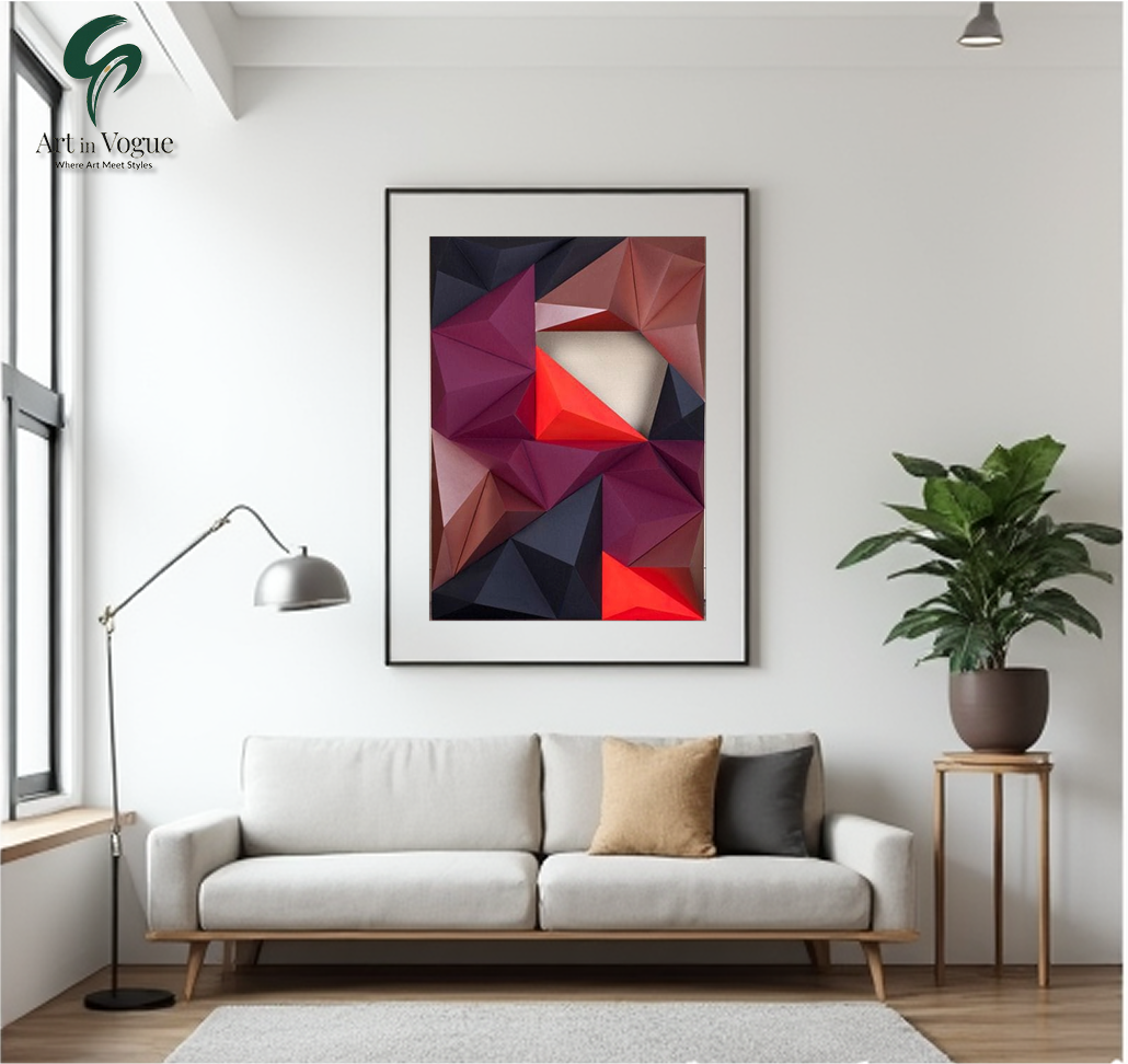 3D Geometric Abstract Wall Art - Bold Polygon Shapes in Red, Black & Purple - Modern Contemporary Decor