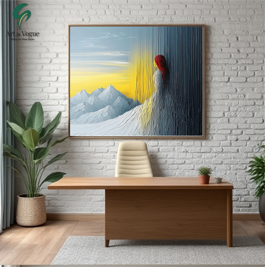 Abstract Woman with Mountains and Sunrise Wall Art | Modern Scenic Painting for Home & Office Decor