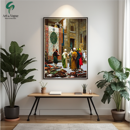 Oriental Carpet Market Scene – Historical Art Depicting Middle Eastern Trade Culture