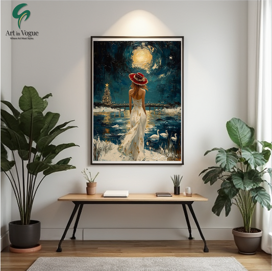 Romantic Woman Under Moonlight Scenic Wall Art  Elegant Night Landscape Painting for Home & Office Decor
