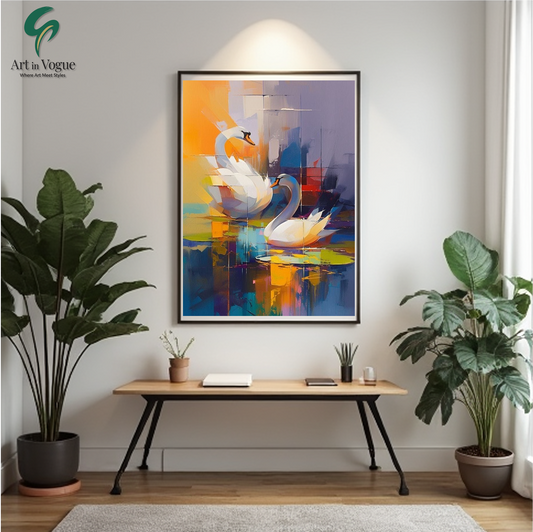 Elegant Swan Pair on Abstract Lake – Modern Bird Art for Sophisticated Interiors