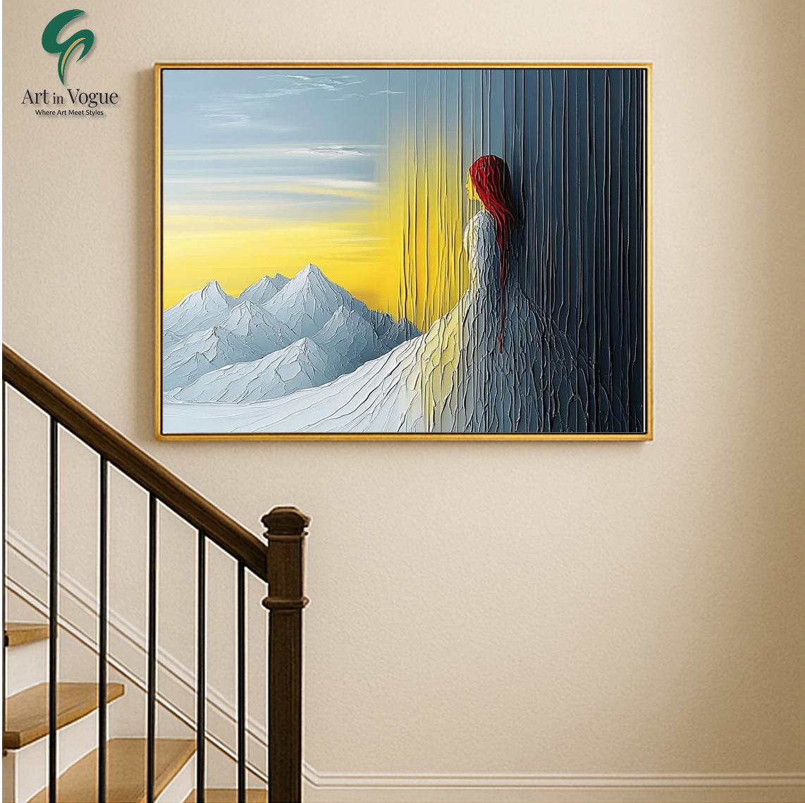 Abstract Woman with Mountains and Sunrise Wall Art | Modern Scenic Painting for Home & Office Decor