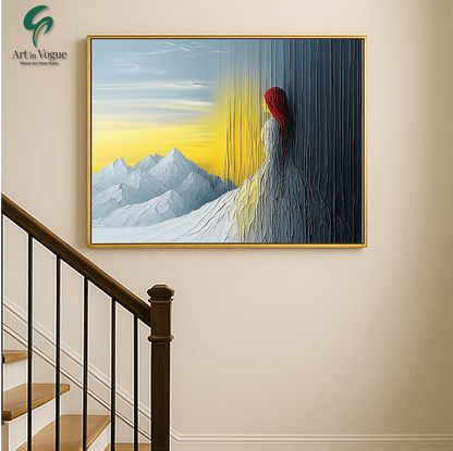 Abstract Woman with Mountains and Sunrise Wall Art | Modern Scenic Painting for Home & Office Decor